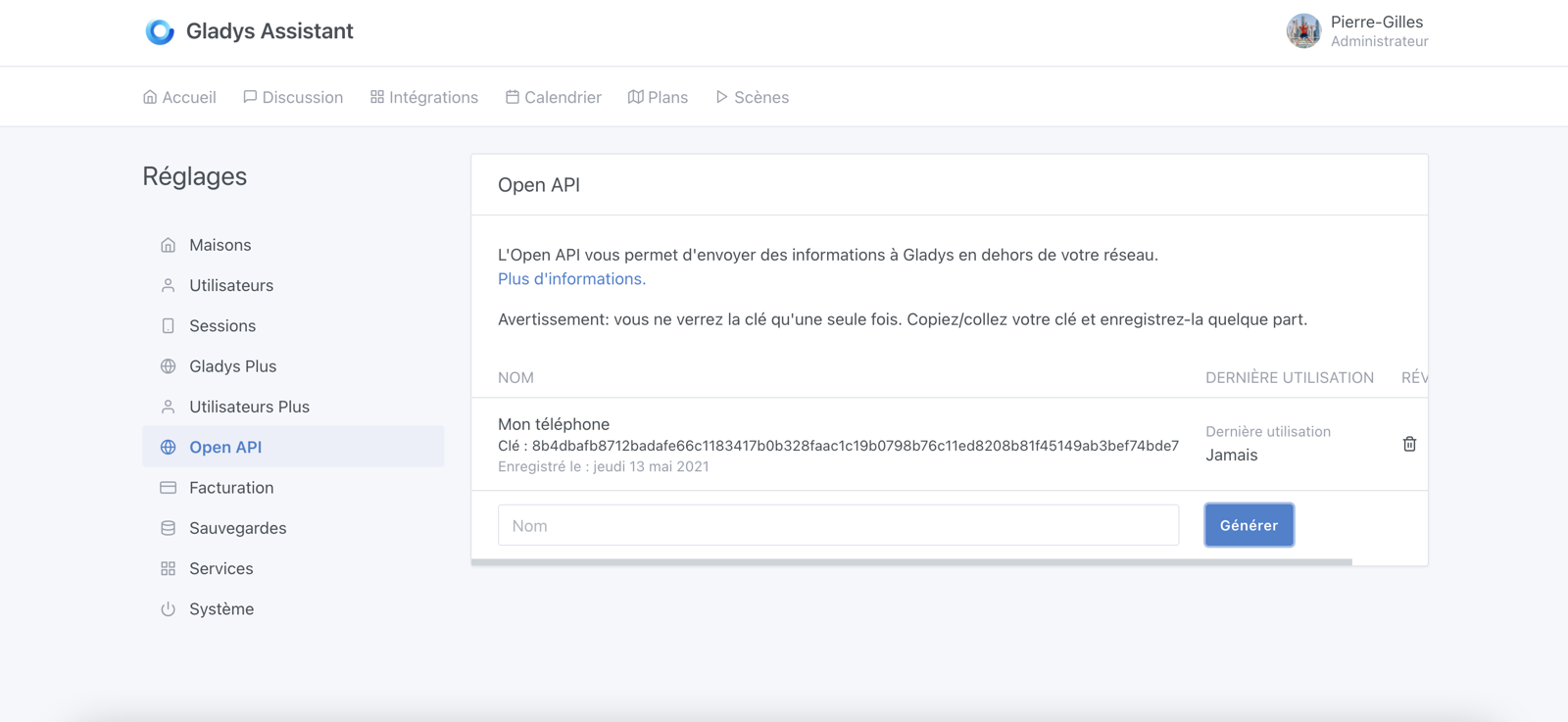 Créer une clé d&#39;API Gladys Plus