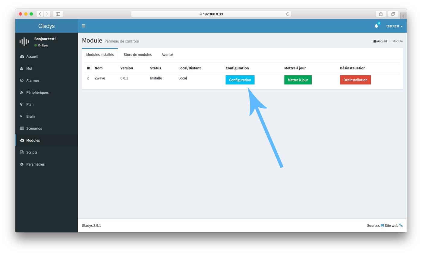 Vue configuration module Gladys