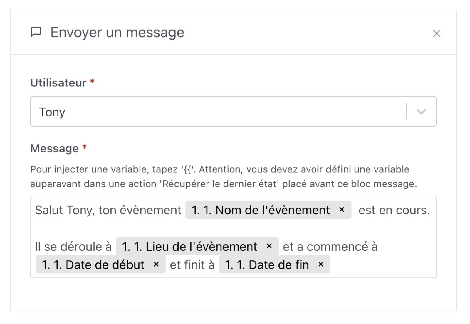 Message avec variable