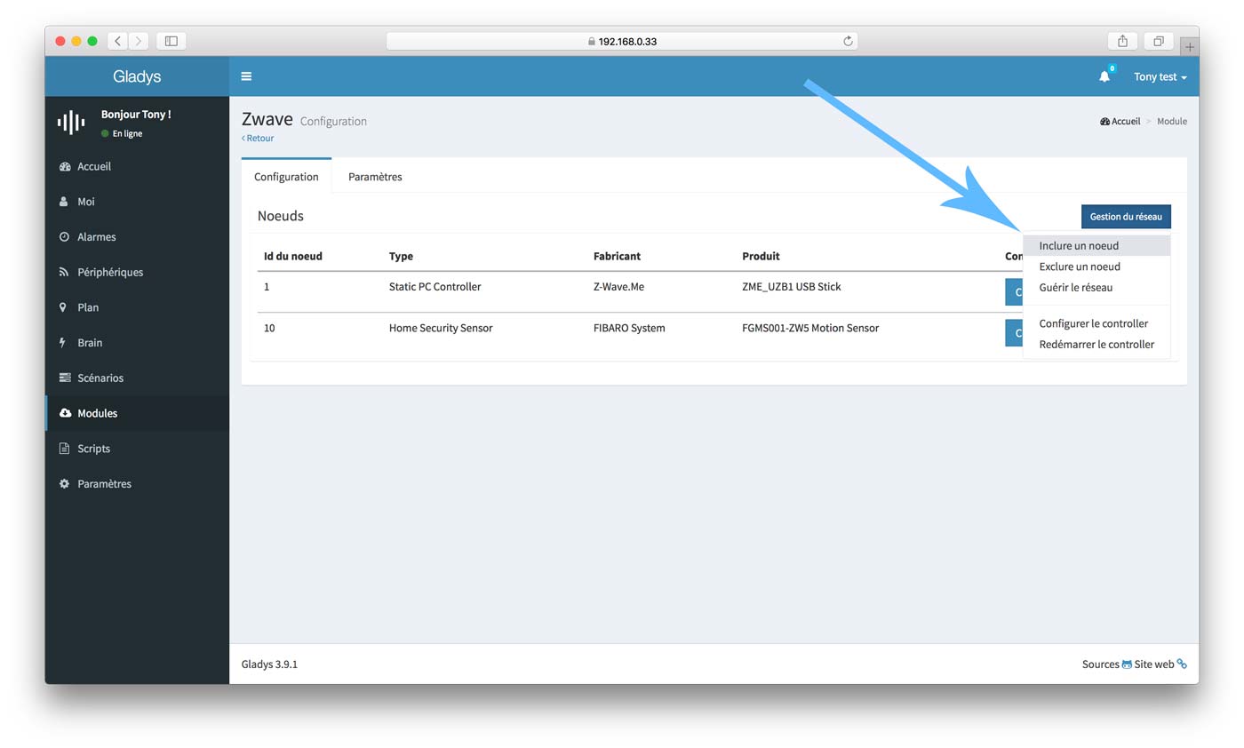 Zwave configuration mode Gladys